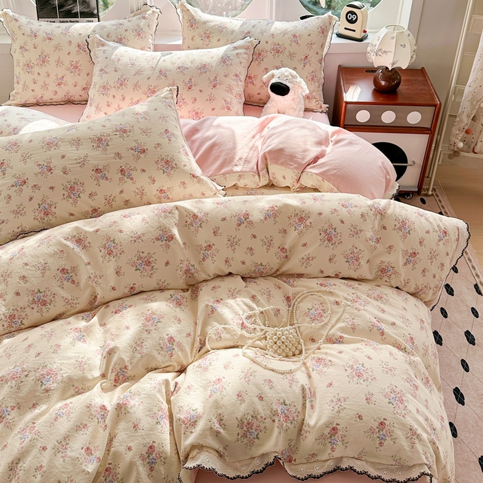 91家纺网 家纺一手货源 找家纺 （总）芯贝儿 2026新款A类仿棉古法水洗棉复古法式花边四件套（提供买家秀）