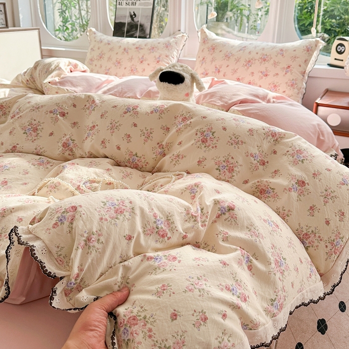 91家纺网 家纺一手货源 找家纺 （总）芯贝儿 2026新款A类仿棉古法水洗棉复古法式花边四件套（提供买家秀）