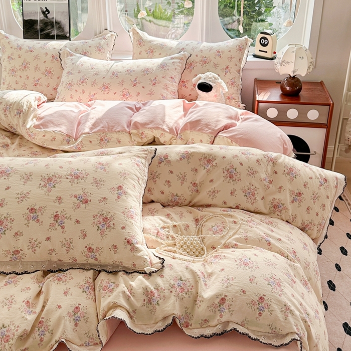 91家纺网 家纺一手货源 找家纺 （总）芯贝儿 2026新款A类仿棉古法水洗棉复古法式花边四件套（提供买家秀）