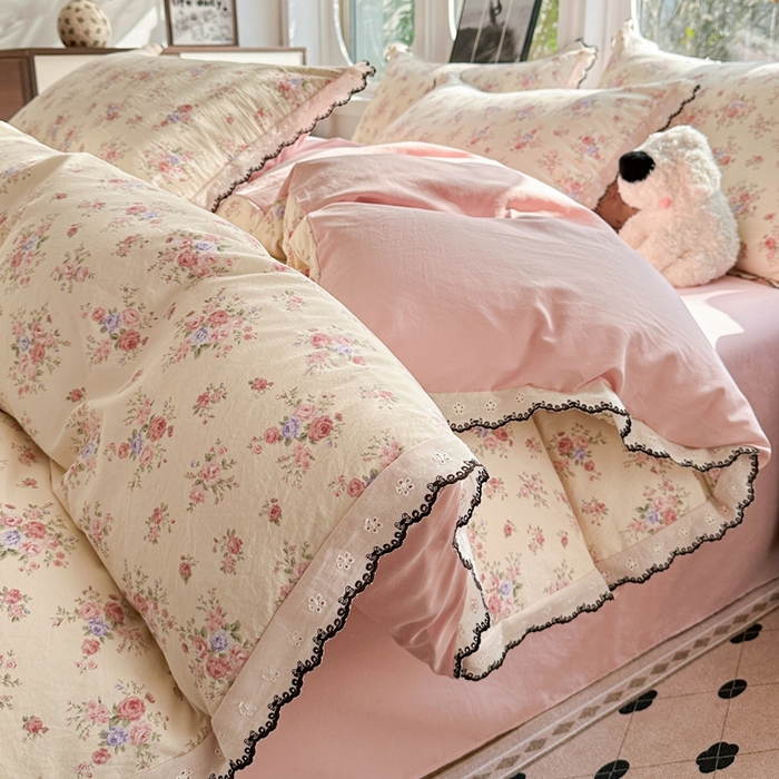 91家纺网 家纺一手货源 找家纺 （总）芯贝儿 2026新款A类仿棉古法水洗棉复古法式花边四件套（提供买家秀）