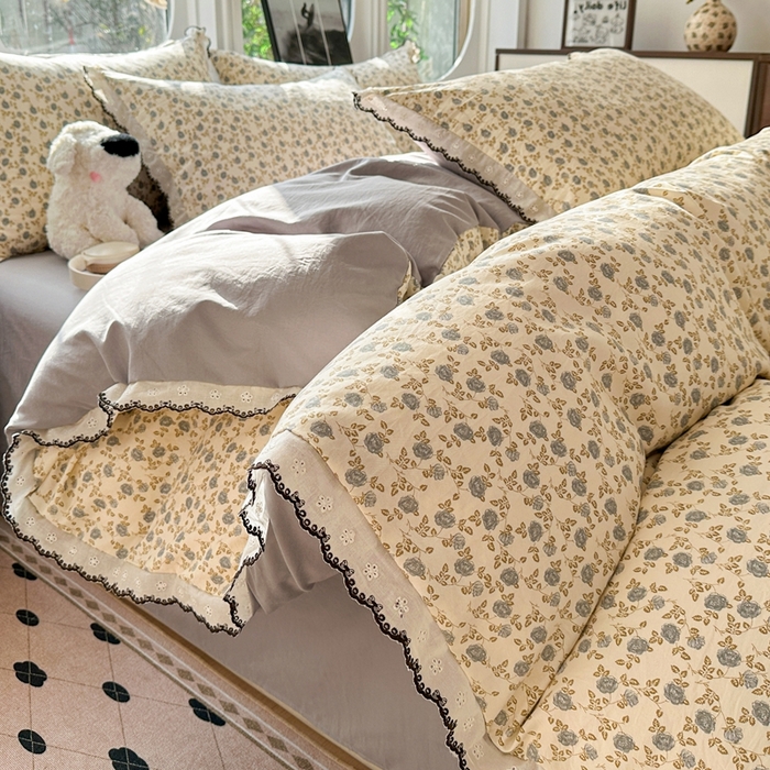 91家纺网 家纺一手货源 找家纺 （总）芯贝儿 2026新款A类仿棉古法水洗棉复古法式花边四件套（提供买家秀）