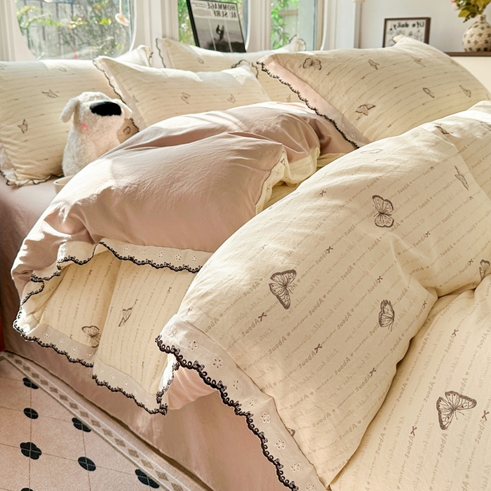 91家纺网 家纺一手货源 找家纺 （总）芯贝儿 2026新款A类仿棉古法水洗棉复古法式花边四件套（提供买家秀）