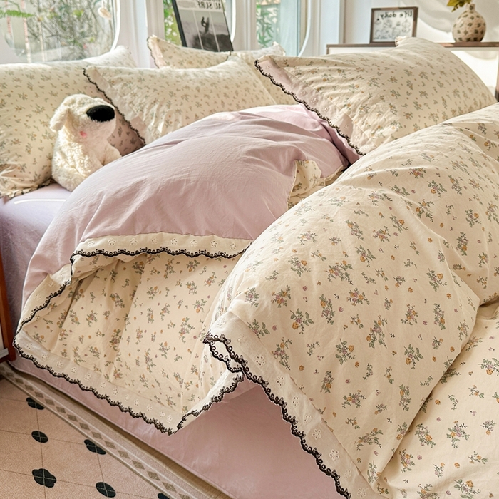 91家纺网 家纺一手货源 找家纺 （总）芯贝儿 2026新款A类仿棉古法水洗棉复古法式花边四件套（提供买家秀）