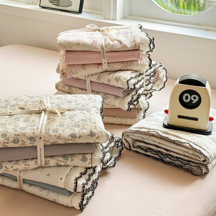 91家纺网 家纺一手货源 找家纺 （总）芯贝儿 2026新款A类仿棉古法水洗棉复古法式花边四件套（提供买家秀）