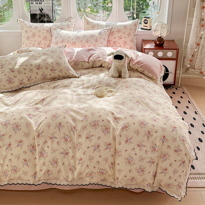 91家纺网 家纺一手货源 找家纺 芯贝儿 2026新款A类仿棉古法水洗棉复古法式花边四件套（提供买家秀） 艾莎