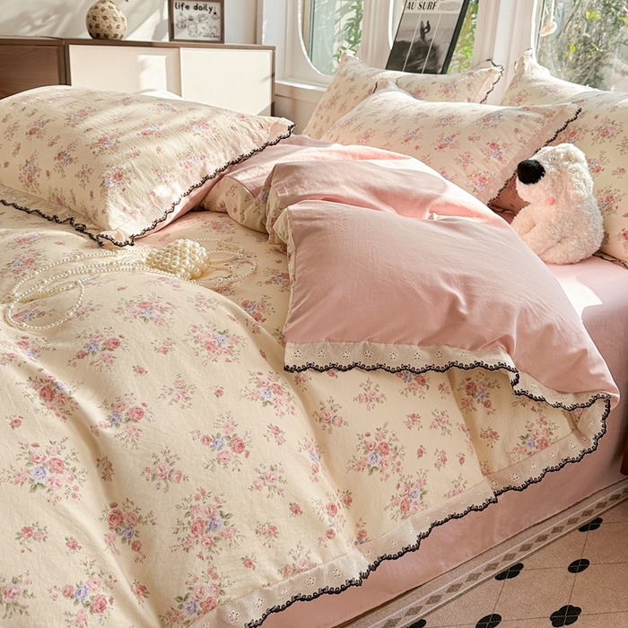 91家纺网 家纺一手货源 找家纺 芯贝儿 2026新款A类仿棉古法水洗棉复古法式花边四件套（提供买家秀） 艾莎