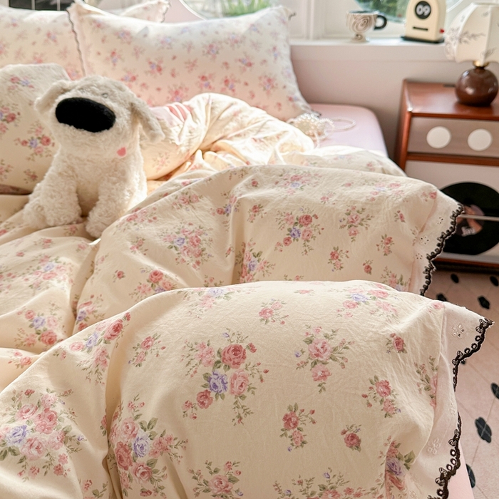 91家纺网 家纺一手货源 找家纺 芯贝儿 2026新款A类仿棉古法水洗棉复古法式花边四件套（提供买家秀） 艾莎