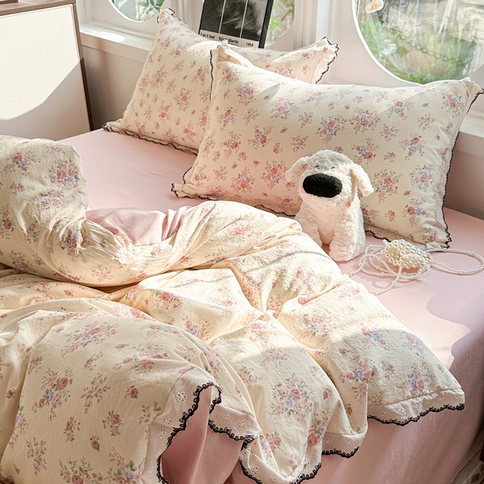 91家纺网 家纺一手货源 找家纺 芯贝儿 2026新款A类仿棉古法水洗棉复古法式花边四件套（提供买家秀） 艾莎