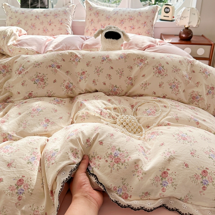 91家纺网 家纺一手货源 找家纺 芯贝儿 2026新款A类仿棉古法水洗棉复古法式花边四件套（提供买家秀） 艾莎