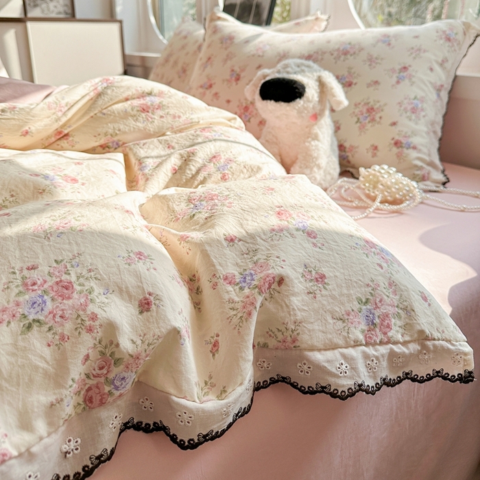 91家纺网 家纺一手货源 找家纺 芯贝儿 2026新款A类仿棉古法水洗棉复古法式花边四件套（提供买家秀） 艾莎