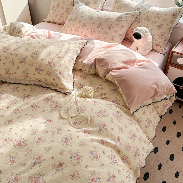 91家纺网 家纺一手货源 找家纺 芯贝儿 2026新款A类仿棉古法水洗棉复古法式花边四件套（提供买家秀） 艾莎