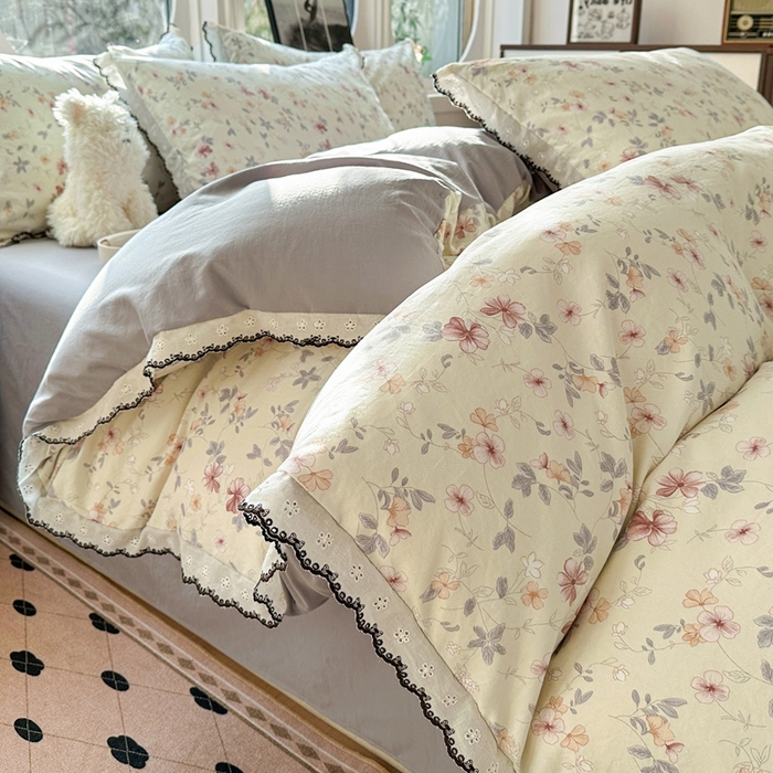 芯贝儿 2026新款A类仿棉古法水洗棉复古法式花边四件套（提供买家秀） 花梦