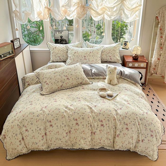 91家纺网 家纺一手货源 找家纺 芯贝儿 2026新款A类仿棉古法水洗棉复古法式花边四件套（提供买家秀） 花梦