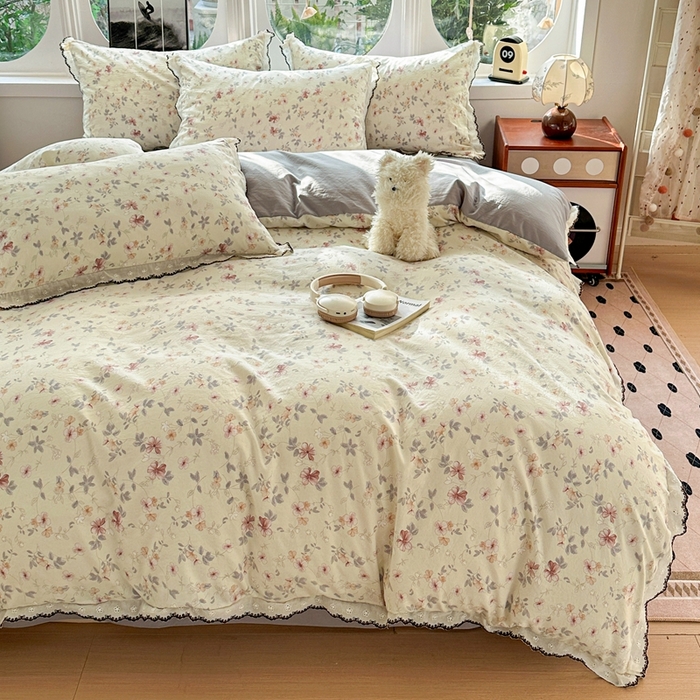 91家纺网 家纺一手货源 找家纺 芯贝儿 2026新款A类仿棉古法水洗棉复古法式花边四件套（提供买家秀） 花梦