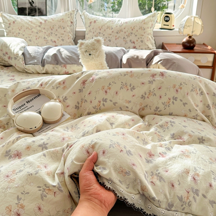 91家纺网 家纺一手货源 找家纺 芯贝儿 2026新款A类仿棉古法水洗棉复古法式花边四件套（提供买家秀） 花梦