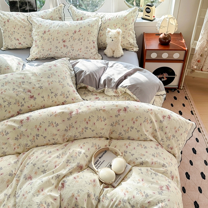 91家纺网 家纺一手货源 找家纺 芯贝儿 2026新款A类仿棉古法水洗棉复古法式花边四件套（提供买家秀） 花梦