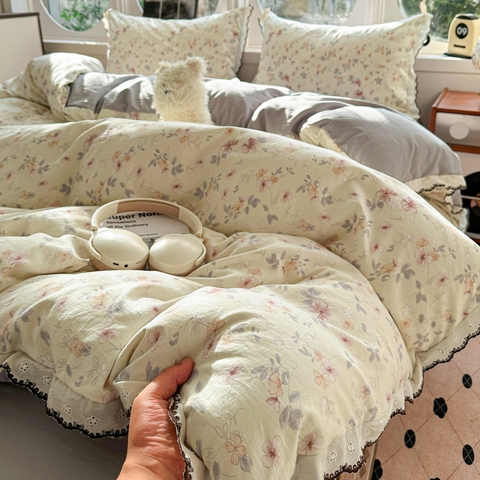 91家纺网 家纺一手货源 找家纺 芯贝儿 2026新款A类仿棉古法水洗棉复古法式花边四件套（提供买家秀） 花梦