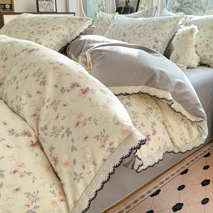 91家纺网 家纺一手货源 找家纺 芯贝儿 2026新款A类仿棉古法水洗棉复古法式花边四件套（提供买家秀） 花梦