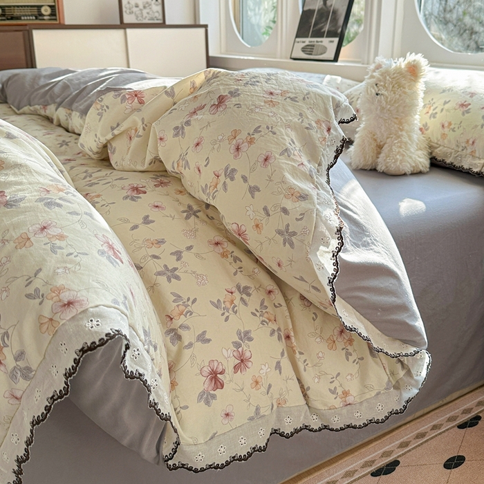 91家纺网 家纺一手货源 找家纺 芯贝儿 2026新款A类仿棉古法水洗棉复古法式花边四件套（提供买家秀） 花梦