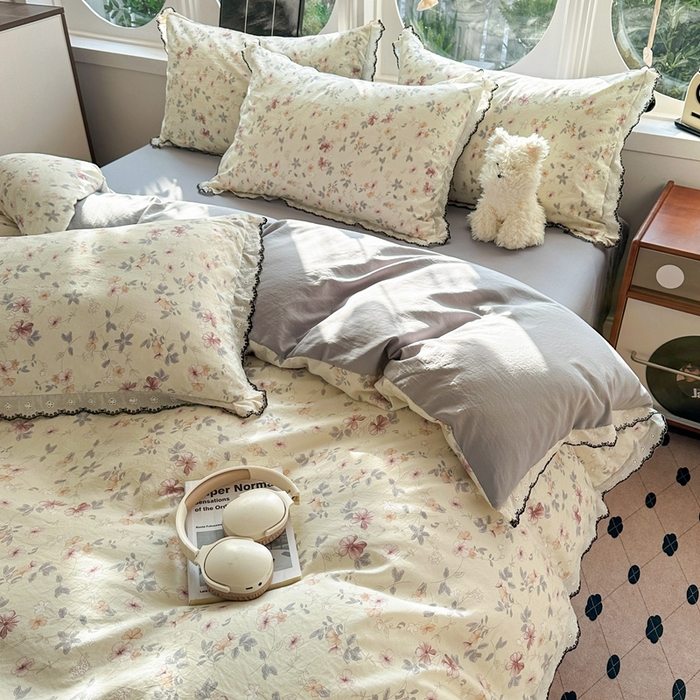 91家纺网 家纺一手货源 找家纺 芯贝儿 2026新款A类仿棉古法水洗棉复古法式花边四件套（提供买家秀） 花梦