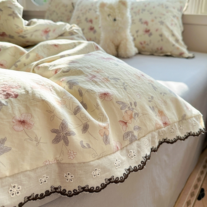 91家纺网 家纺一手货源 找家纺 芯贝儿 2026新款A类仿棉古法水洗棉复古法式花边四件套（提供买家秀） 花梦