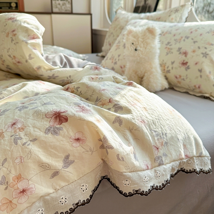 91家纺网 家纺一手货源 找家纺 芯贝儿 2026新款A类仿棉古法水洗棉复古法式花边四件套（提供买家秀） 花梦