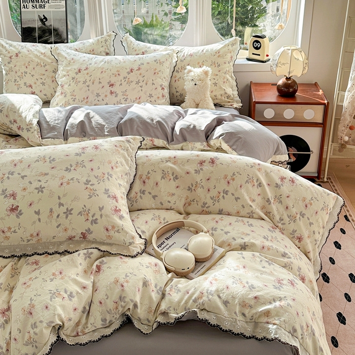 91家纺网 家纺一手货源 找家纺 芯贝儿 2026新款A类仿棉古法水洗棉复古法式花边四件套（提供买家秀） 花梦