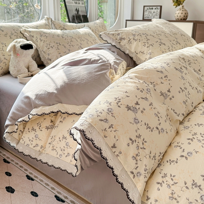 芯贝儿 2026新款A类仿棉古法水洗棉复古法式花边四件套（提供买家秀） 锦上花开