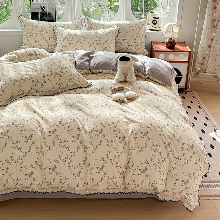 91家纺网 家纺一手货源 找家纺 芯贝儿 2026新款A类仿棉古法水洗棉复古法式花边四件套（提供买家秀） 锦上花开