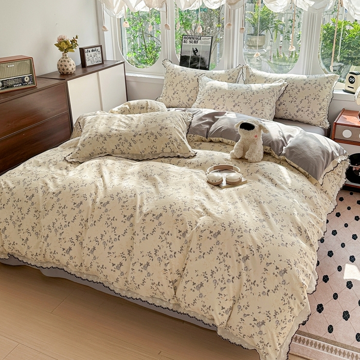 91家纺网 家纺一手货源 找家纺 芯贝儿 2026新款A类仿棉古法水洗棉复古法式花边四件套（提供买家秀） 锦上花开