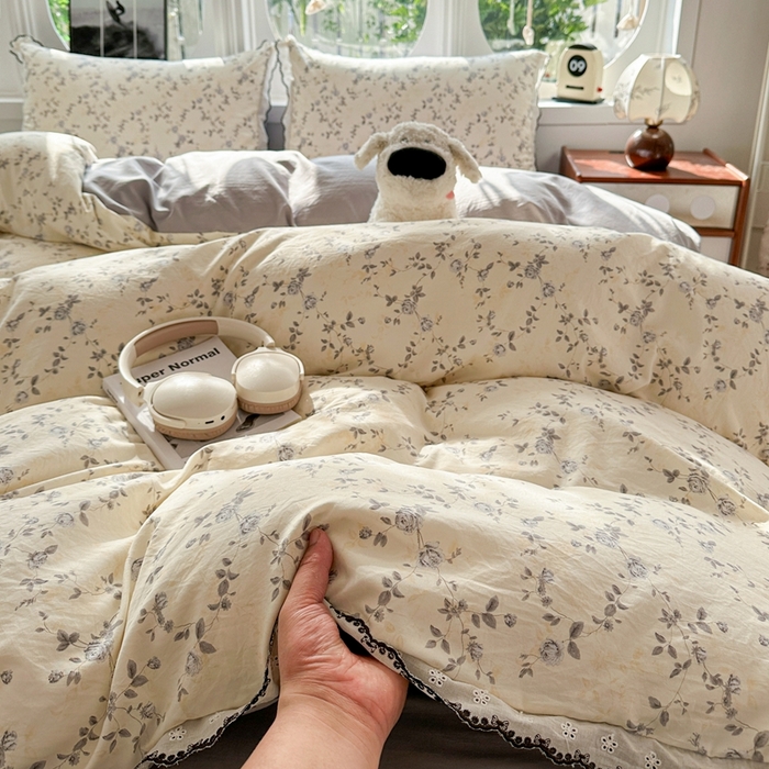 91家纺网 家纺一手货源 找家纺 芯贝儿 2026新款A类仿棉古法水洗棉复古法式花边四件套（提供买家秀） 锦上花开