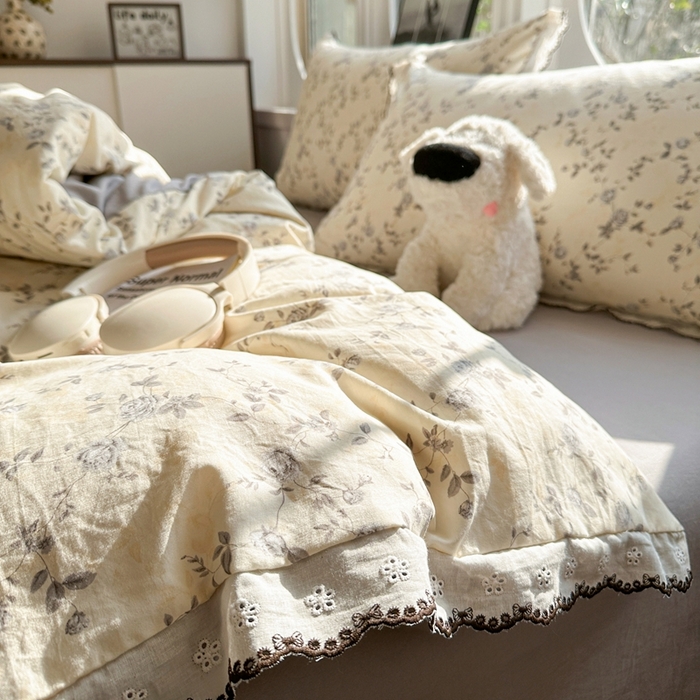 91家纺网 家纺一手货源 找家纺 芯贝儿 2026新款A类仿棉古法水洗棉复古法式花边四件套（提供买家秀） 锦上花开