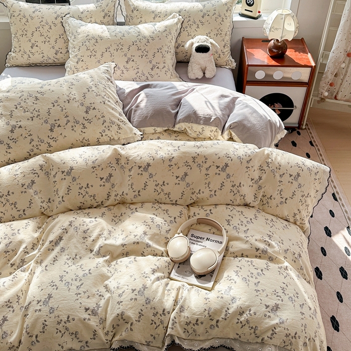 91家纺网 家纺一手货源 找家纺 芯贝儿 2026新款A类仿棉古法水洗棉复古法式花边四件套（提供买家秀） 锦上花开