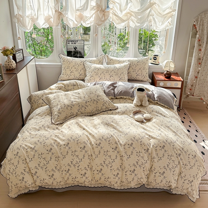 91家纺网 家纺一手货源 找家纺 芯贝儿 2026新款A类仿棉古法水洗棉复古法式花边四件套（提供买家秀） 锦上花开