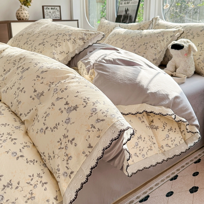 91家纺网 家纺一手货源 找家纺 芯贝儿 2026新款A类仿棉古法水洗棉复古法式花边四件套（提供买家秀） 锦上花开