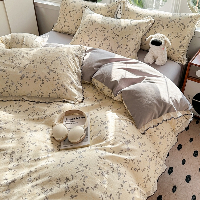 91家纺网 家纺一手货源 找家纺 芯贝儿 2026新款A类仿棉古法水洗棉复古法式花边四件套（提供买家秀） 锦上花开