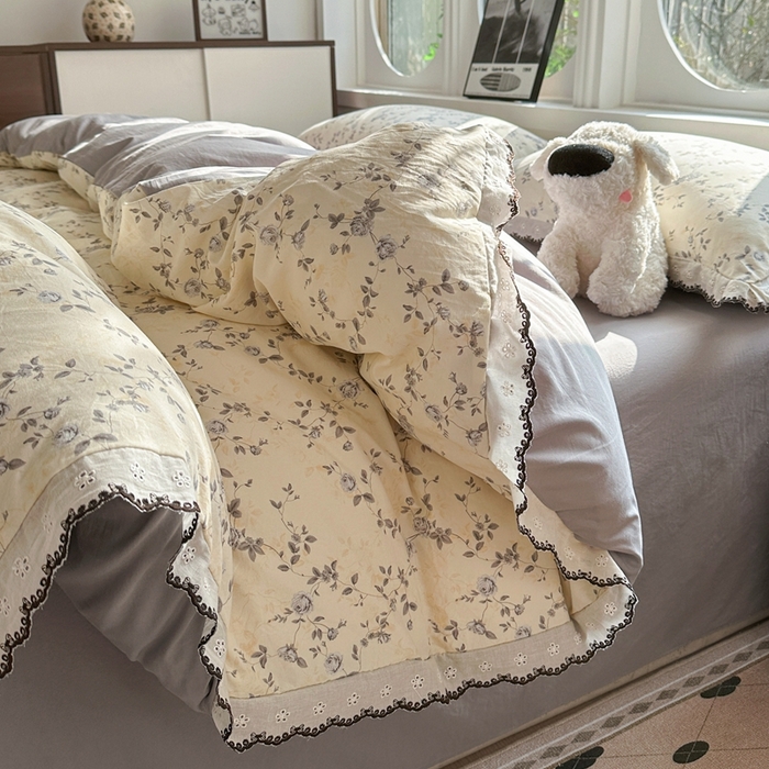 91家纺网 家纺一手货源 找家纺 芯贝儿 2026新款A类仿棉古法水洗棉复古法式花边四件套（提供买家秀） 锦上花开