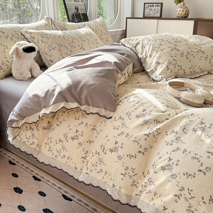 91家纺网 家纺一手货源 找家纺 芯贝儿 2026新款A类仿棉古法水洗棉复古法式花边四件套（提供买家秀） 锦上花开