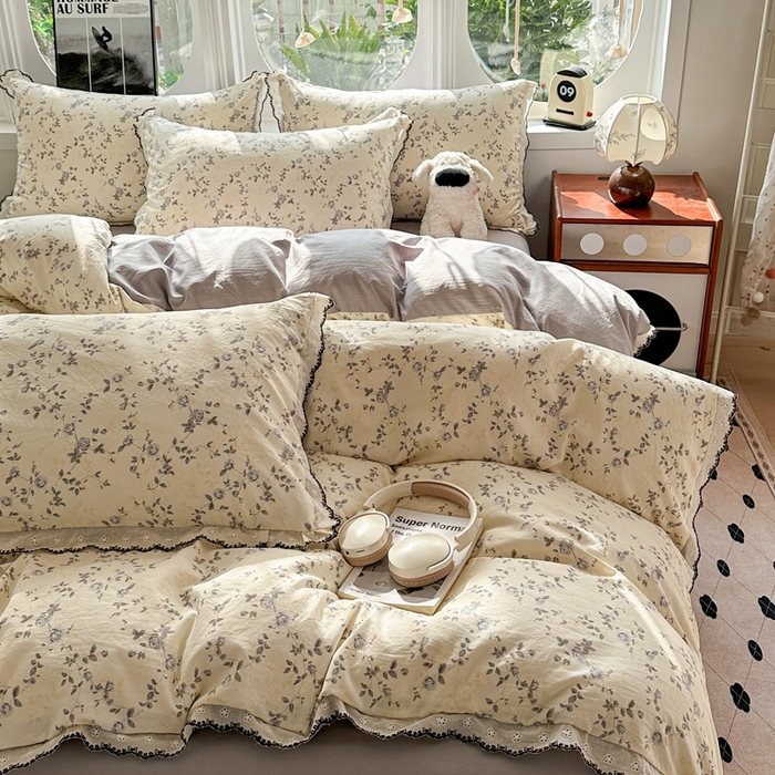 91家纺网 家纺一手货源 找家纺 芯贝儿 2026新款A类仿棉古法水洗棉复古法式花边四件套（提供买家秀） 锦上花开