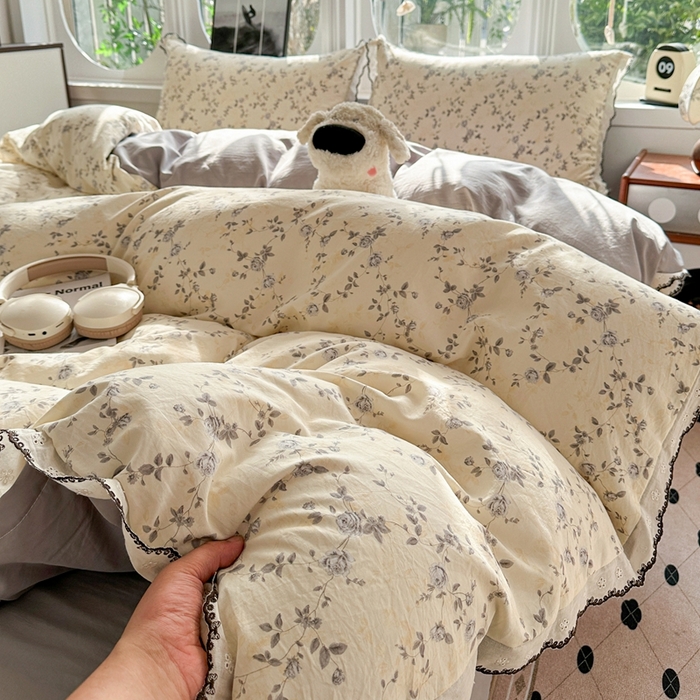 91家纺网 家纺一手货源 找家纺 芯贝儿 2026新款A类仿棉古法水洗棉复古法式花边四件套（提供买家秀） 锦上花开