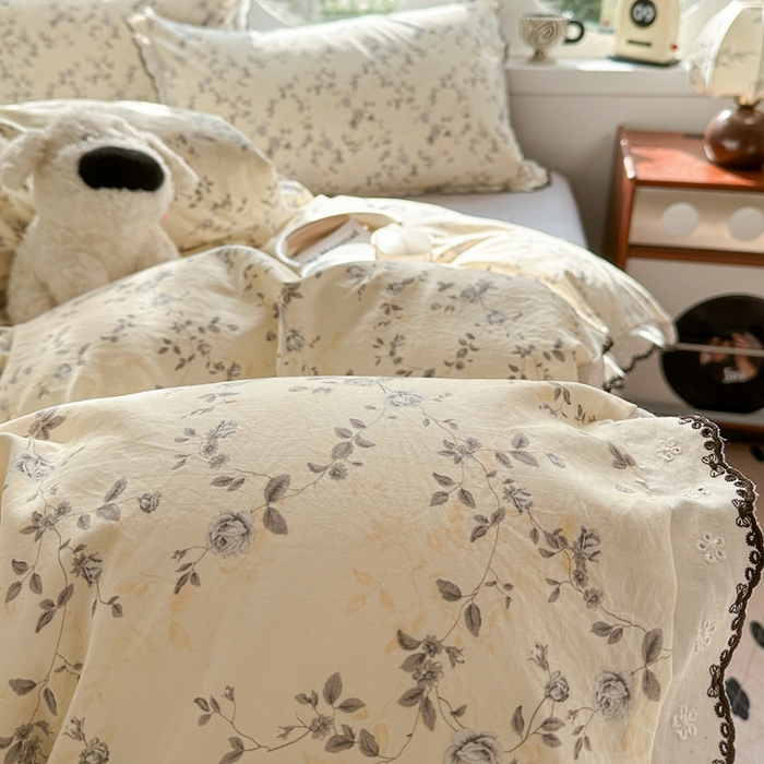 91家纺网 家纺一手货源 找家纺 芯贝儿 2026新款A类仿棉古法水洗棉复古法式花边四件套（提供买家秀） 锦上花开