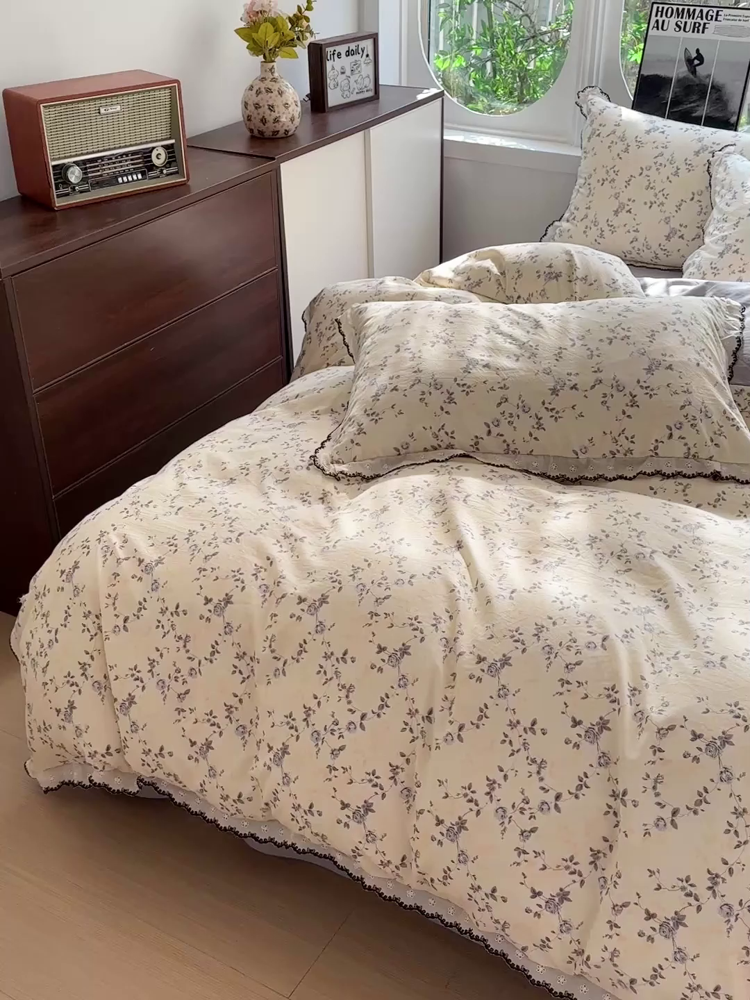 91家纺网 家纺一手货源 找家纺 芯贝儿 2026新款A类仿棉古法水洗棉复古法式花边四件套（提供买家秀） 锦上花开