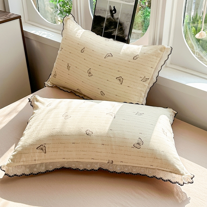 91家纺网 家纺一手货源 找家纺 芯贝儿 2026新款A类仿棉古法水洗棉复古法式花边四件套（提供买家秀） 漫花蝶舞