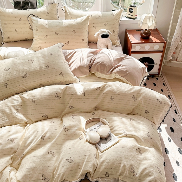 91家纺网 家纺一手货源 找家纺 芯贝儿 2026新款A类仿棉古法水洗棉复古法式花边四件套（提供买家秀） 漫花蝶舞