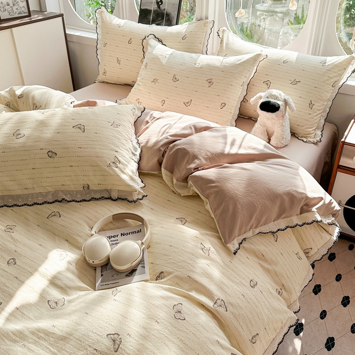 91家纺网 家纺一手货源 找家纺 芯贝儿 2026新款A类仿棉古法水洗棉复古法式花边四件套（提供买家秀） 漫花蝶舞