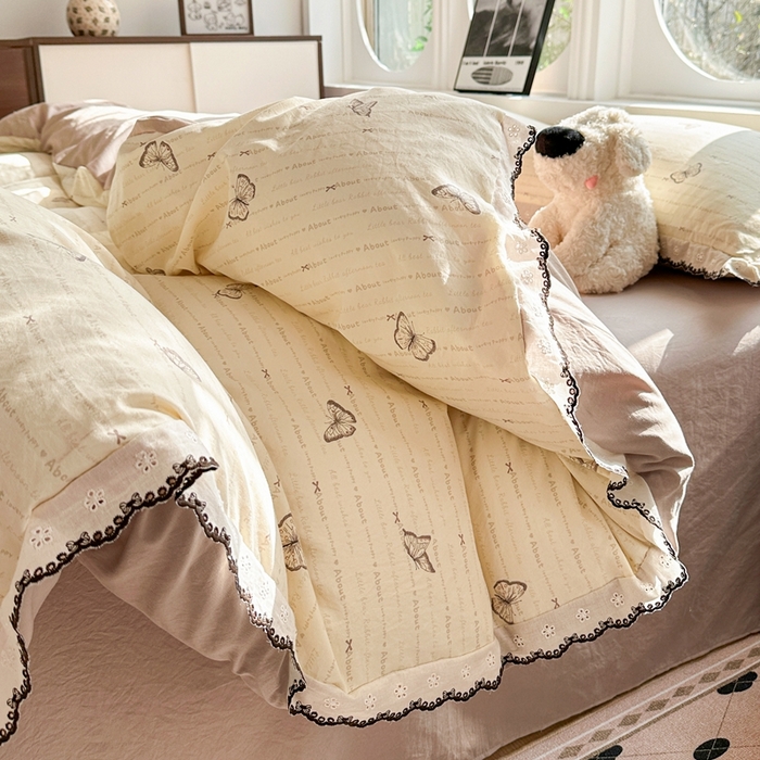 91家纺网 家纺一手货源 找家纺 芯贝儿 2026新款A类仿棉古法水洗棉复古法式花边四件套（提供买家秀） 漫花蝶舞