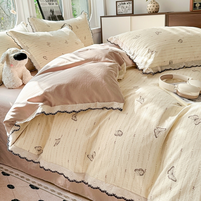 91家纺网 家纺一手货源 找家纺 芯贝儿 2026新款A类仿棉古法水洗棉复古法式花边四件套（提供买家秀） 漫花蝶舞