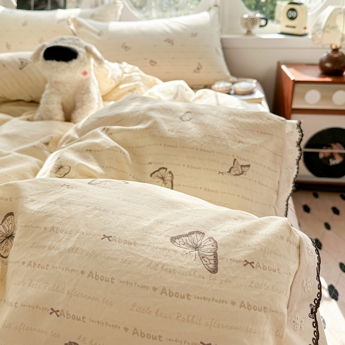 91家纺网 家纺一手货源 找家纺 芯贝儿 2026新款A类仿棉古法水洗棉复古法式花边四件套（提供买家秀） 漫花蝶舞