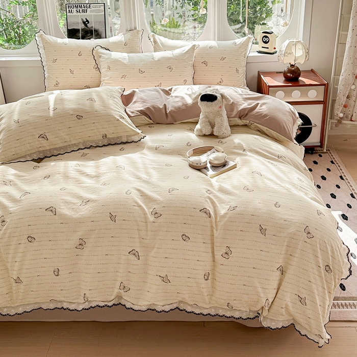 91家纺网 家纺一手货源 找家纺 芯贝儿 2026新款A类仿棉古法水洗棉复古法式花边四件套（提供买家秀） 漫花蝶舞