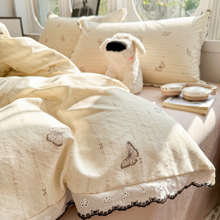 91家纺网 家纺一手货源 找家纺 芯贝儿 2026新款A类仿棉古法水洗棉复古法式花边四件套（提供买家秀） 漫花蝶舞